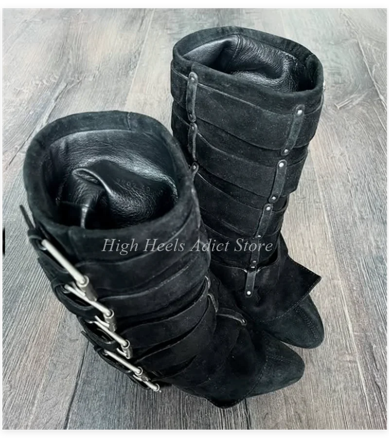 Black Suede Buckle Mid Calf Boots