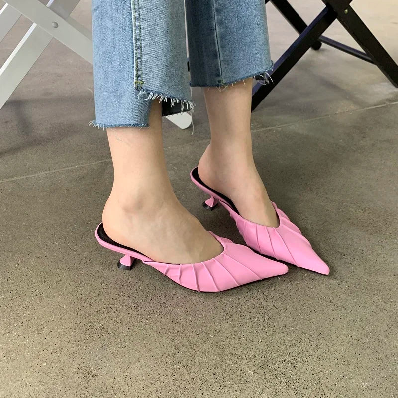 Casual Pleated Thin Heel Cushioned Slides for Women