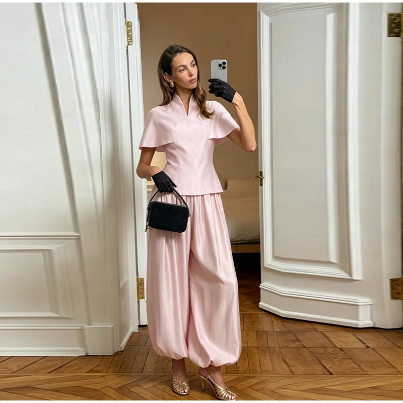 Casual V-Neck Top and Wide-Leg Pants Set for Women