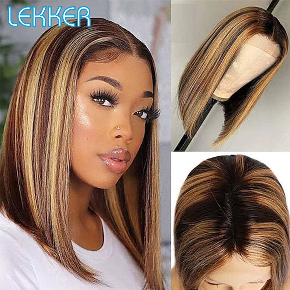 Short Straight Highlight Blonde Lace Front Bob Wig for Women