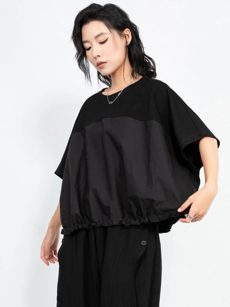 [EAM] Women Black Drawstring Big Size Casual T-shirt New Round Neck Short Batwing Sleeve Fashion Tide Spring Summer 2025 1DJ1031