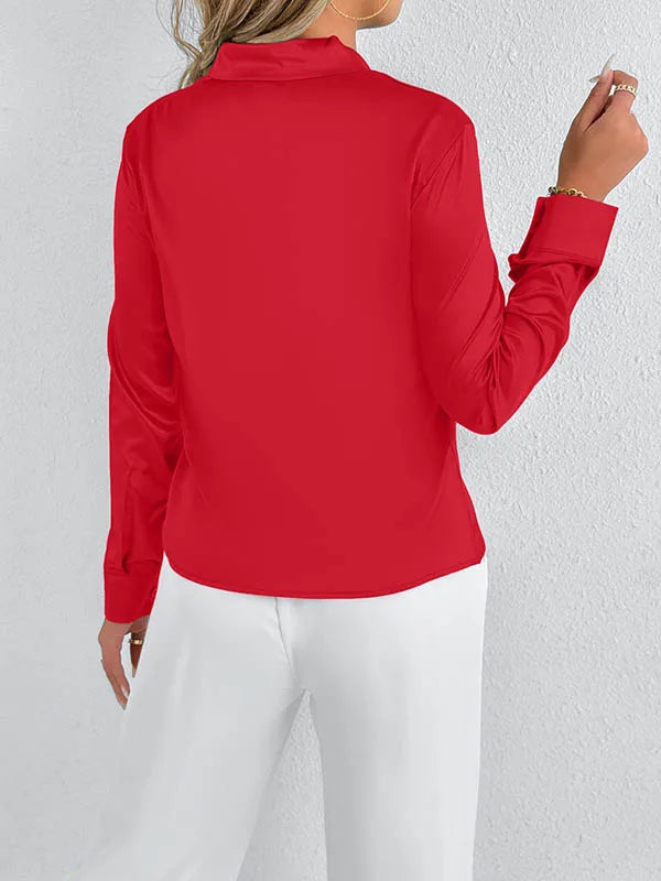 Bonboho 2026 New Women's Solid Color Silky Shirt V-neck Long Sleeves Elegant Blouse for Female Elegant Pullover Work Shirts