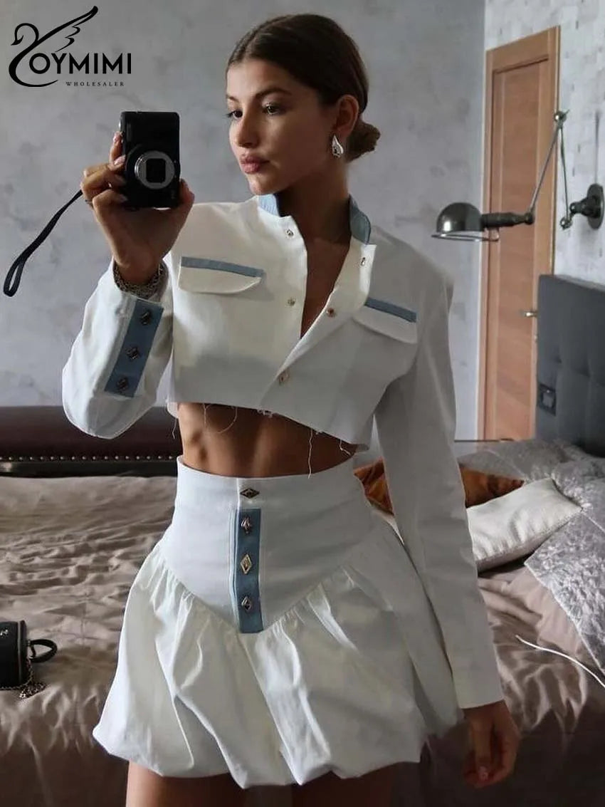 Oymimi Fashion Black Patchwork Two Piece Set For Women Casual Long Sleeve Button Pockets Crop Shirts + High Waist Mini Skirt Set