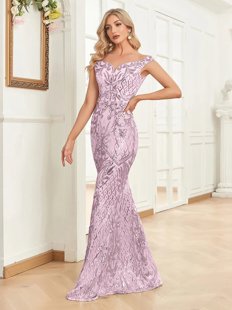 Elegant V Neck Silver Sequins Evening Dresses 2025 Women Sleeveless Party Maxi Mermaid Dress Long Luxury Prom Gown