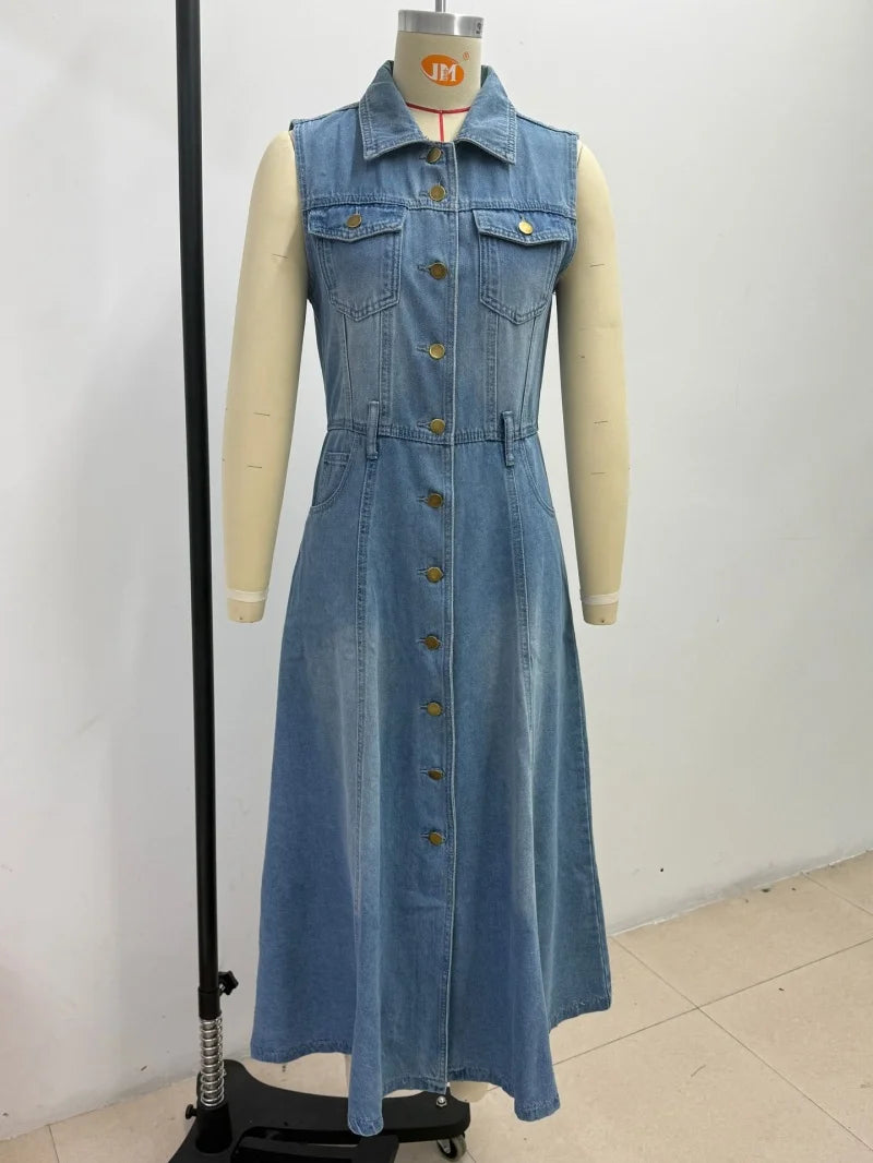 Sleeveless Lapel Denim Midi Dress With Pockets for Women