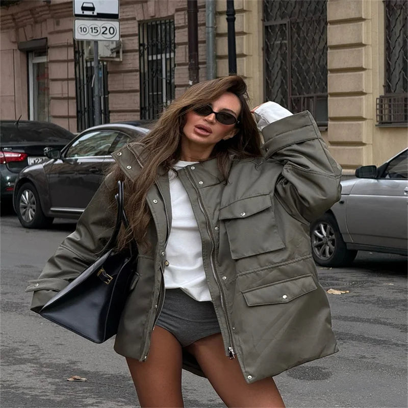 Women 's Jackets Vintage Lapel Zipper Big Pockets Zipper Full Sleeve Coats Lady 2026 Fashion New Woman Spring Jackets Outwears
