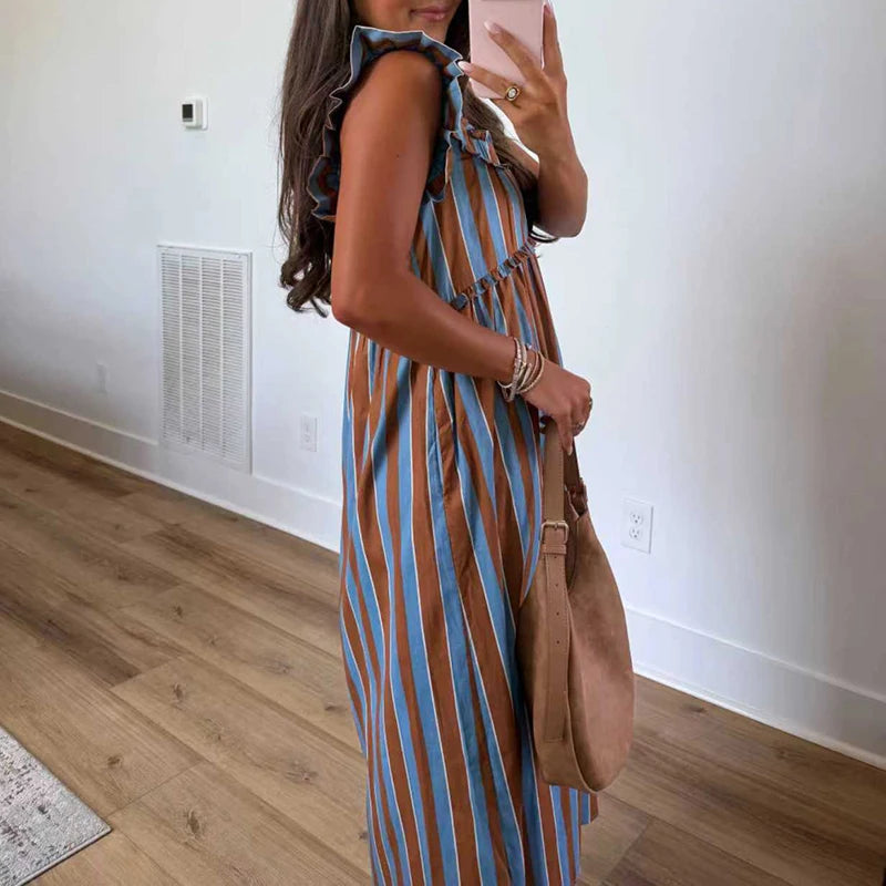 Striped Ruffle Trim Ankle Length Casual Dress for Women