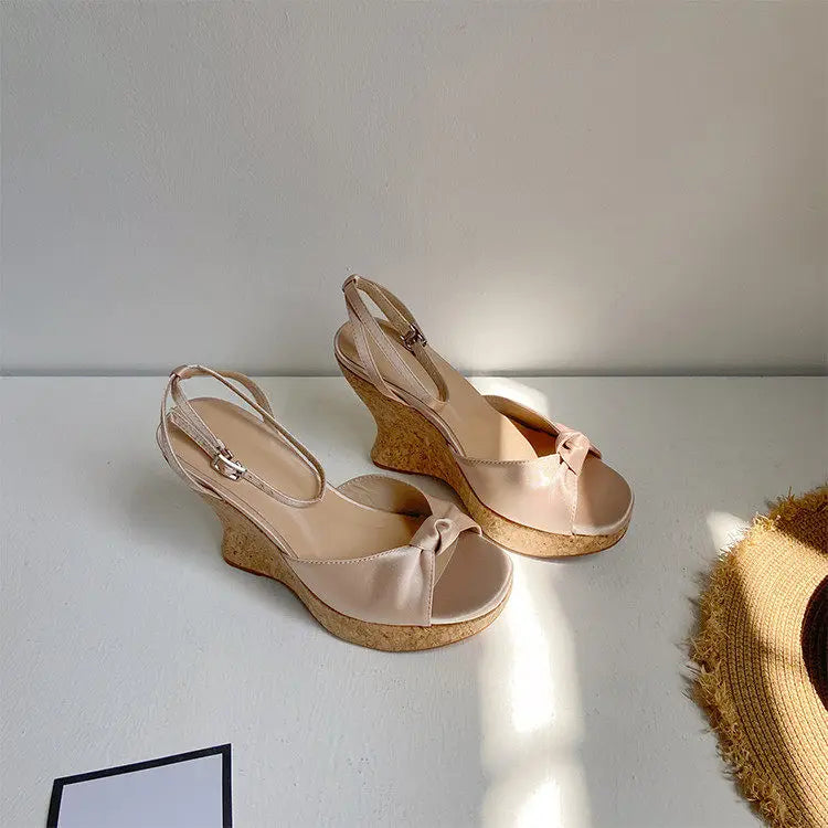 Summer Satin Peep Toe Slingback Wedge Platform Bow Sandals for Women