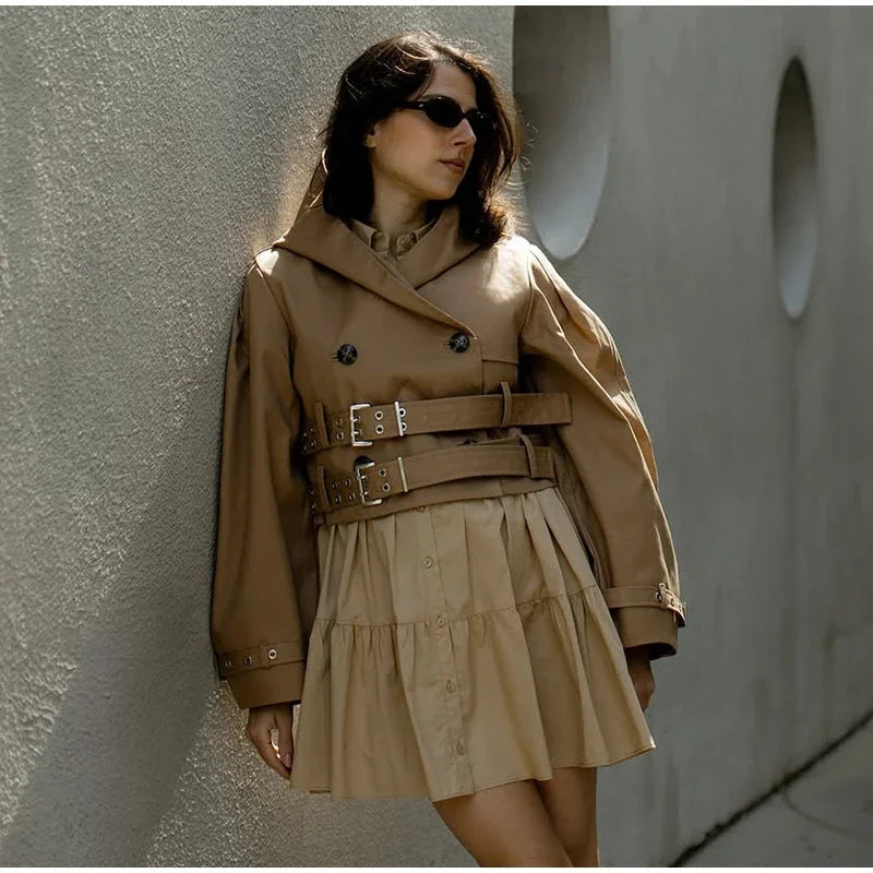 Khaki Cotton Blended Double Breasted Puff Sleeve Coat For Women