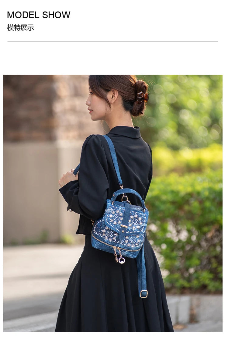 Diamond Embellished Denim Multiway Backpack for Women