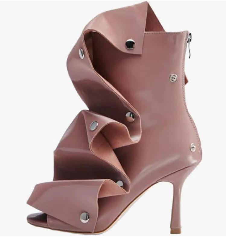 Mid-Calf Open Toe High Heel Pleated Boots for Women