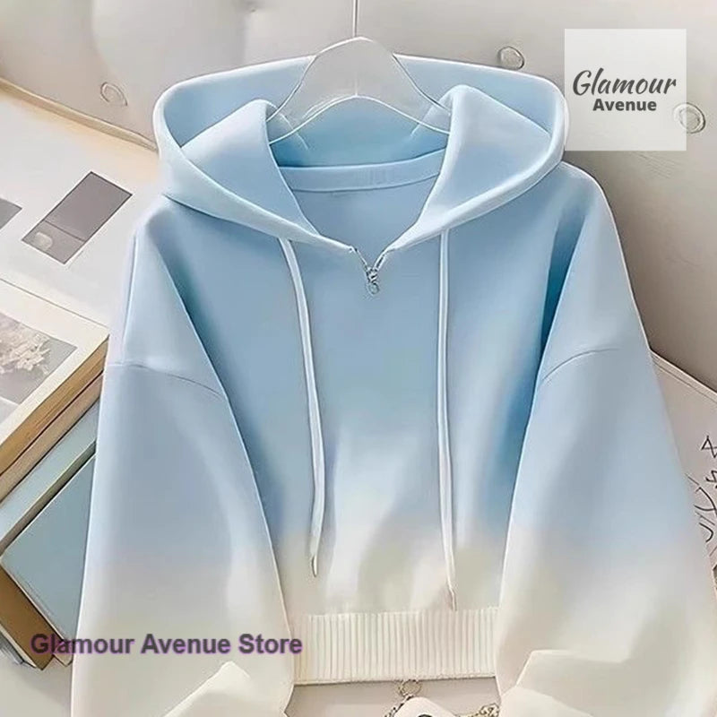 French style dopamine blue gradient high sense hooded sweater coat women's spring and autumn new unique super nice blouse.