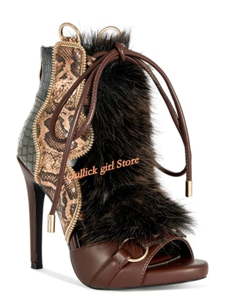 Faux Fur Open Toe Knee High Sandal Boots for Women