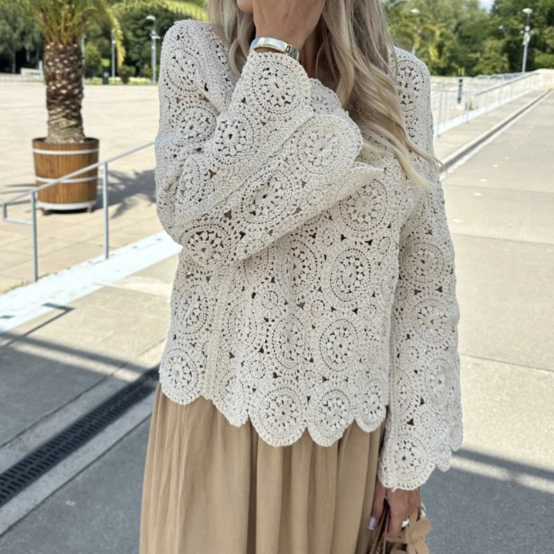 New Casual Solid Color Beach Cover Tees Sexy V-neck Long Sleeved Crochet Top Summer Vacation Hollow Out Knitted Women's T-shirt