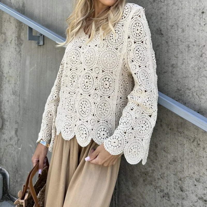 New Casual Solid Color Beach Cover Tees Sexy V-neck Long Sleeved Crochet Top Summer Vacation Hollow Out Knitted Women's T-shirt