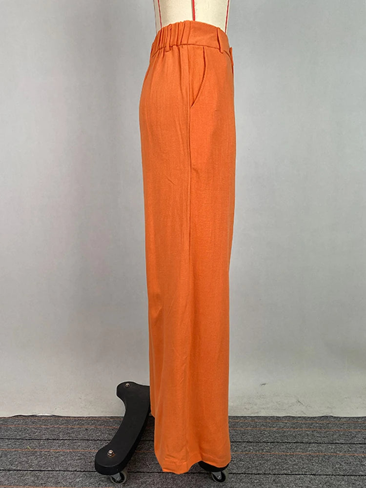 Beautyblue High Waisted Pants Women's Summer Wide Leg Straight Trousers Casual Loose Pockets Orange Elegant Female Office Pants
