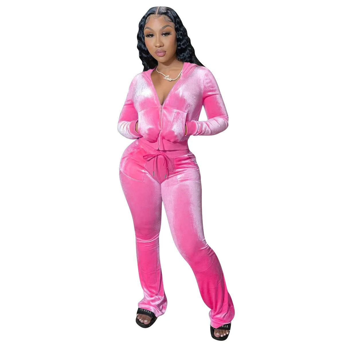 Hooded Zip Top And High Waist Pants Outfit Set for Women