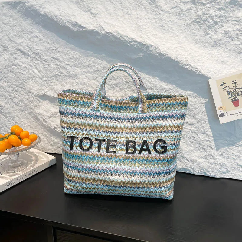 Large capacity beach woven bag, colorful striped tote bag, letter contrasting handbag for women