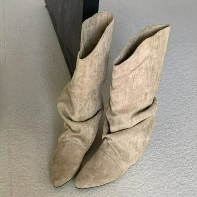 Pleated Pointed Toe Mid Calf Western Boots for Women