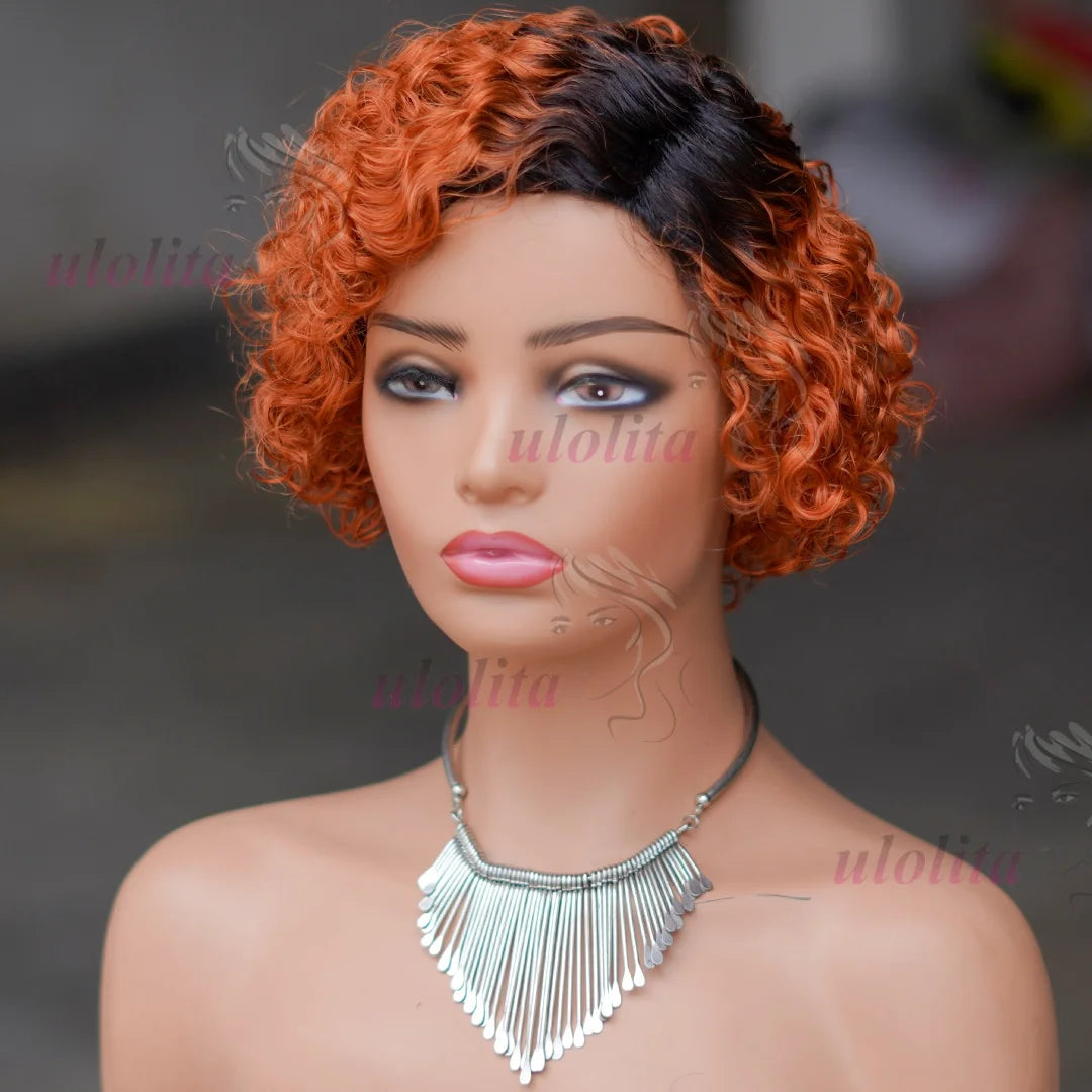 Ombre Pixie Cut Curly Bob Human Hair Wig for Women