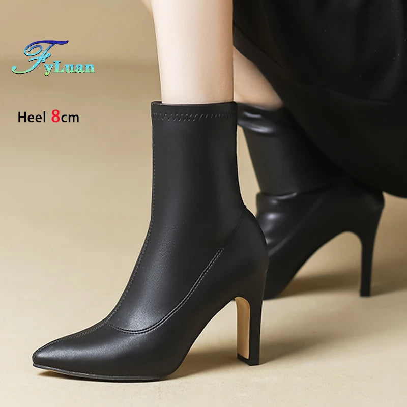 Pointed Leather High Heel Ankle Boots