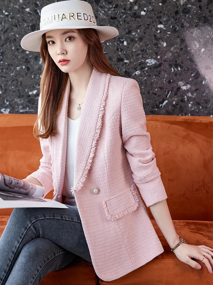Autumn Winter Outwear Casual Blazer Women Ladies Jacket Pink White Blue Female Slim Long Sleeve Single Breasted Coat