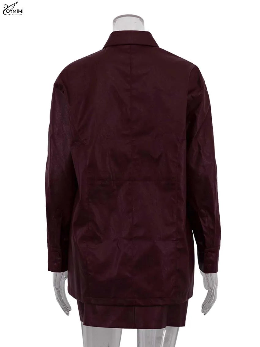 Oymimi Fashion Wine Red Pu Leather Women's Two Pieces Set Elegant Long Sleeve Button Shirts And Spaghetti Strap Mini Dress Sets