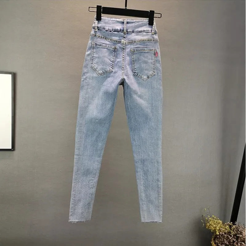 Washed Vintage Elastic Slim Light Denim Jeans for Women