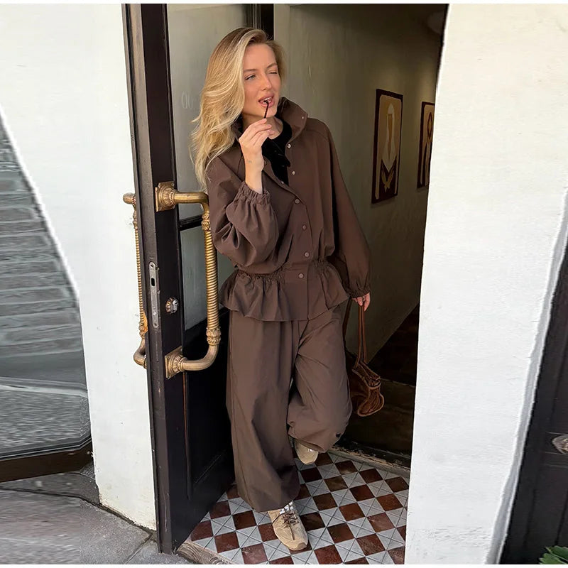Ruffle Hem Jacket and Jogger Pants Two Piece Set for Women