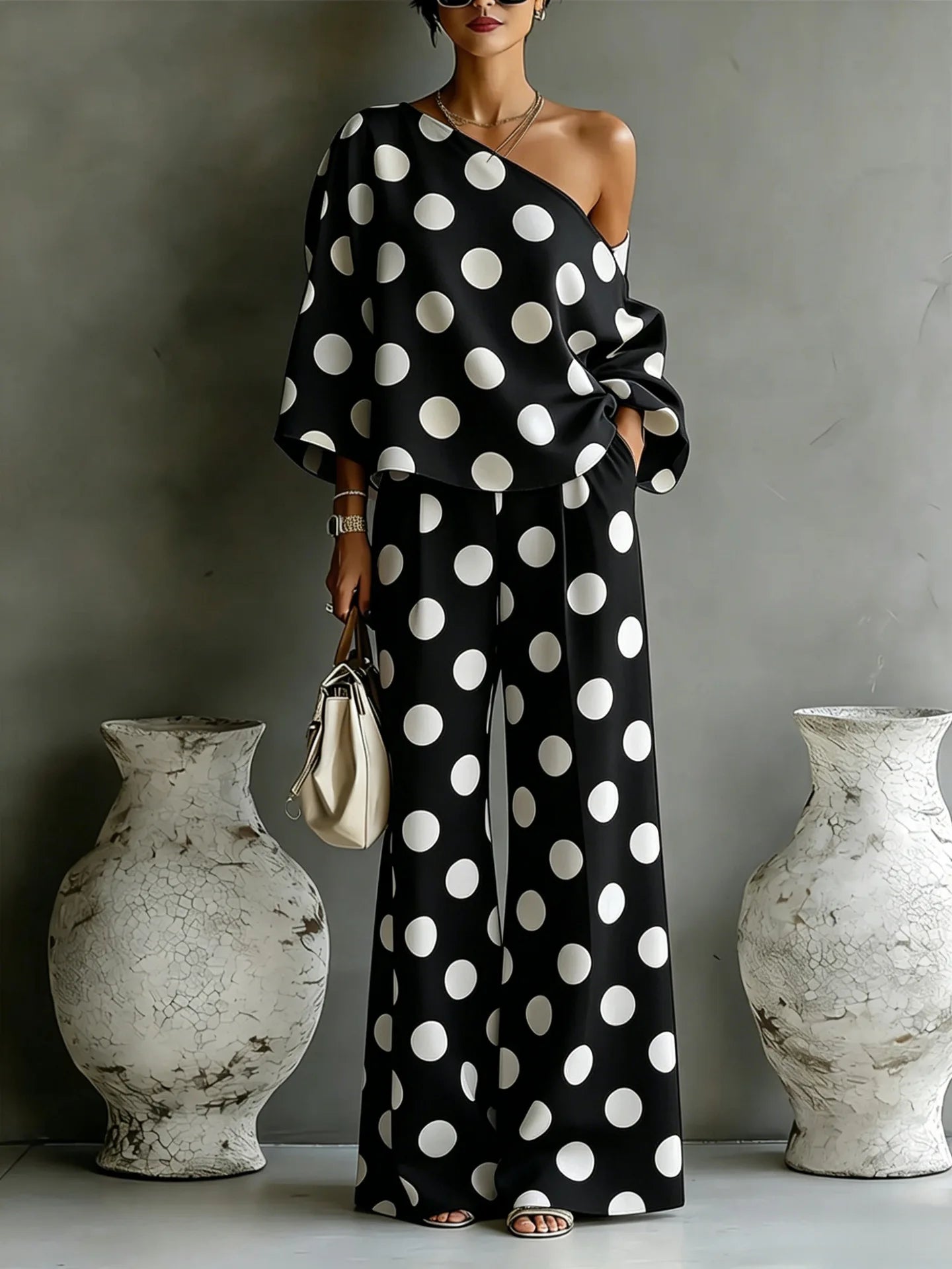 Slant Shoulder Open Back Casual Two Piece Set For Women