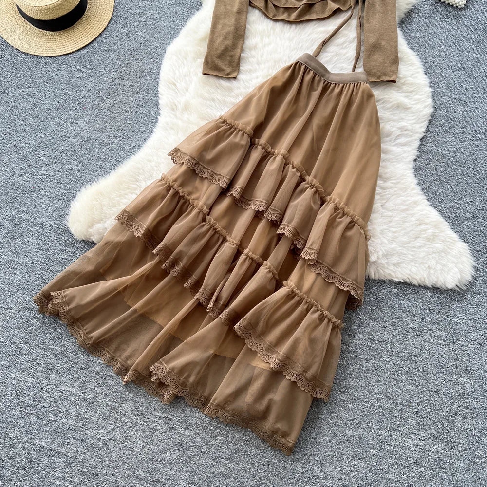 Elegant Mesh Ruffle Hem Halter Neck Dress Set for Women