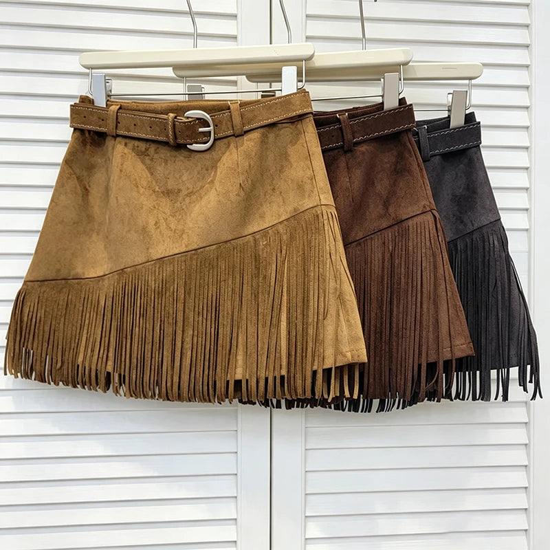 Vintage Brown Irregular Hem Faux Suede High Waist Mini Skirt For Women