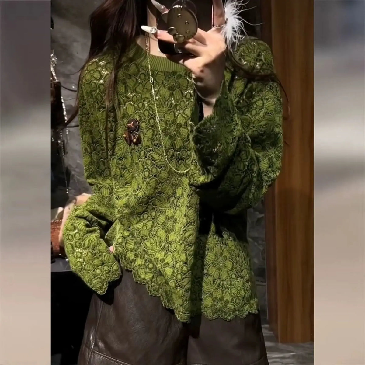 Exquisite Green Lace Crochet Hollow Out Top For Women