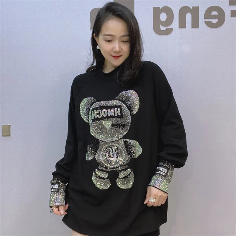 Loose Inner Wear Black T-shirt Women Spring Autumn Rhinestone Long-Sleeved Shirt Thickened Brushed Cotton Bottoming Top Female
