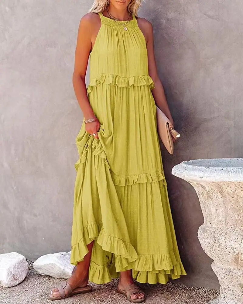 Solid Ruffled Sleeveless Maxi Sundress for Women