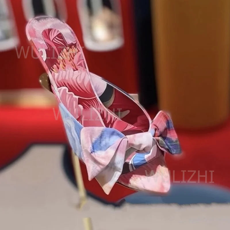Blue Silk Bow Leather Knotted Open Toe Sandals for Women