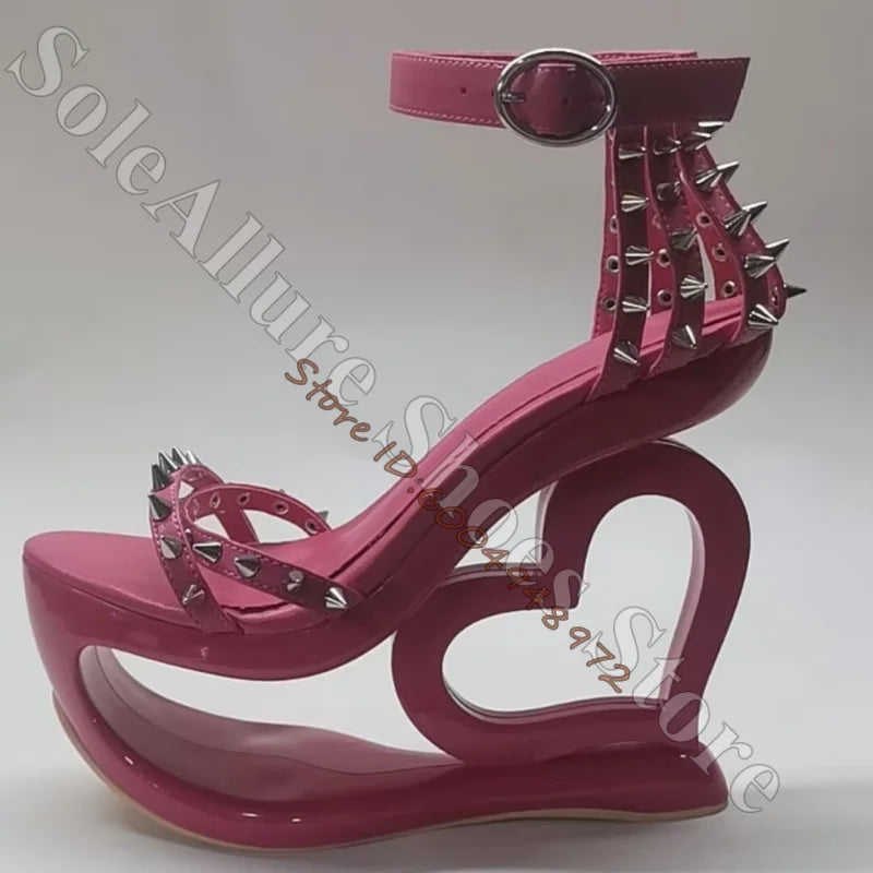 Glossy Patent Leather Spiked Heart Cage Wedge Sandals For Women