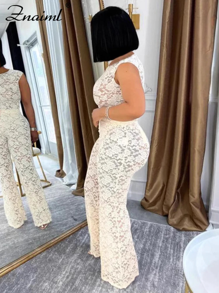 Znaiml Lace See Through Sexy Party Two Piece Set Sleeveless Bodysuits Top and Wide Leg Pants Women Summer Night Club Outfits