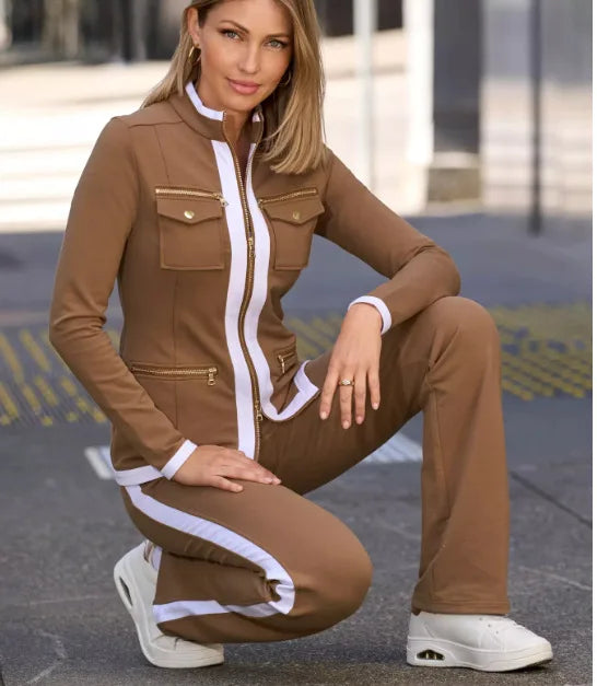 Casual Slim Fit Zipper Top And Sport Pants Set for Women