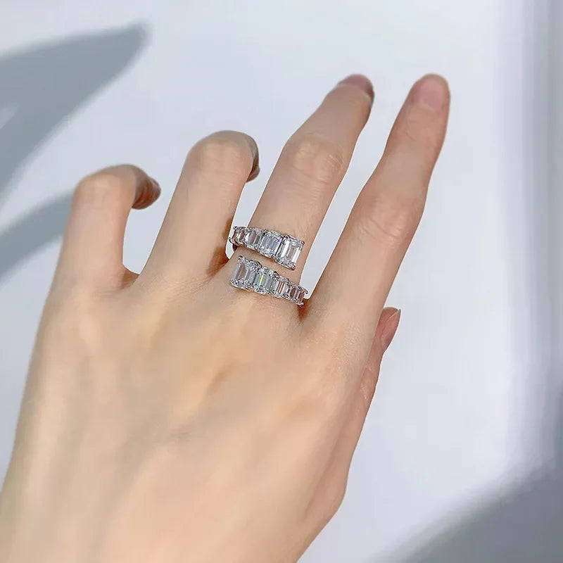 PANSYSEN 925 Sterling Silver Emerald Cut High Carbon Diamond Gemstone Wedding Engagement Adjustable Ring Fine Jewelry Wholesale
