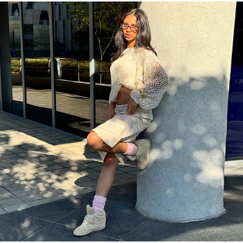 White Hollow Crochet Off Shoulder Long Sleeve Top For Women