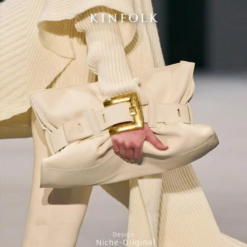 Women's Pleated Motorcycle Bag Trendy Belt Buckle Shoulder Bag Brand Design Fashion Large Capacity Texture Underarm Bag Tote Bag