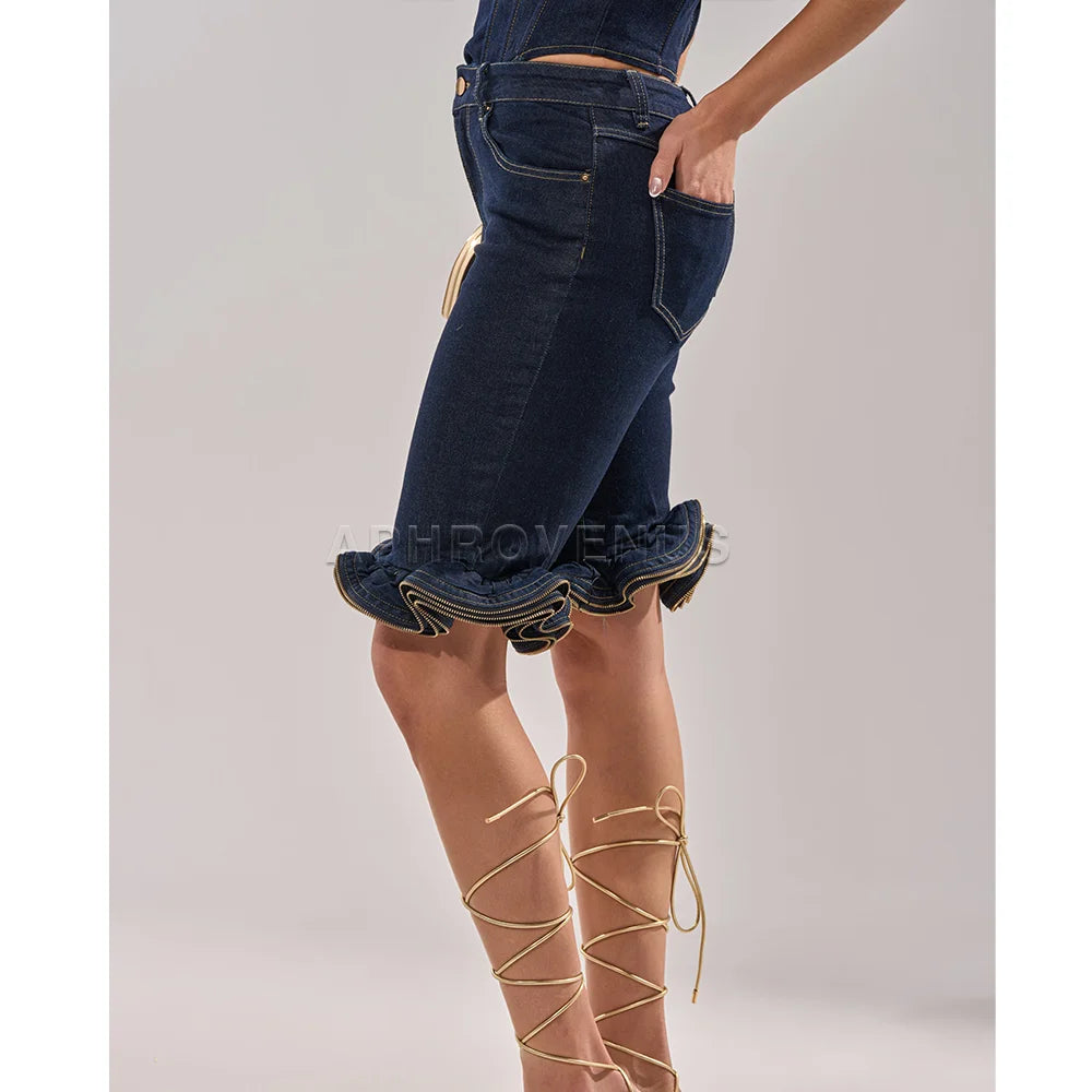 Casual High Waist Ruffle Hem Denim Shorts For Women