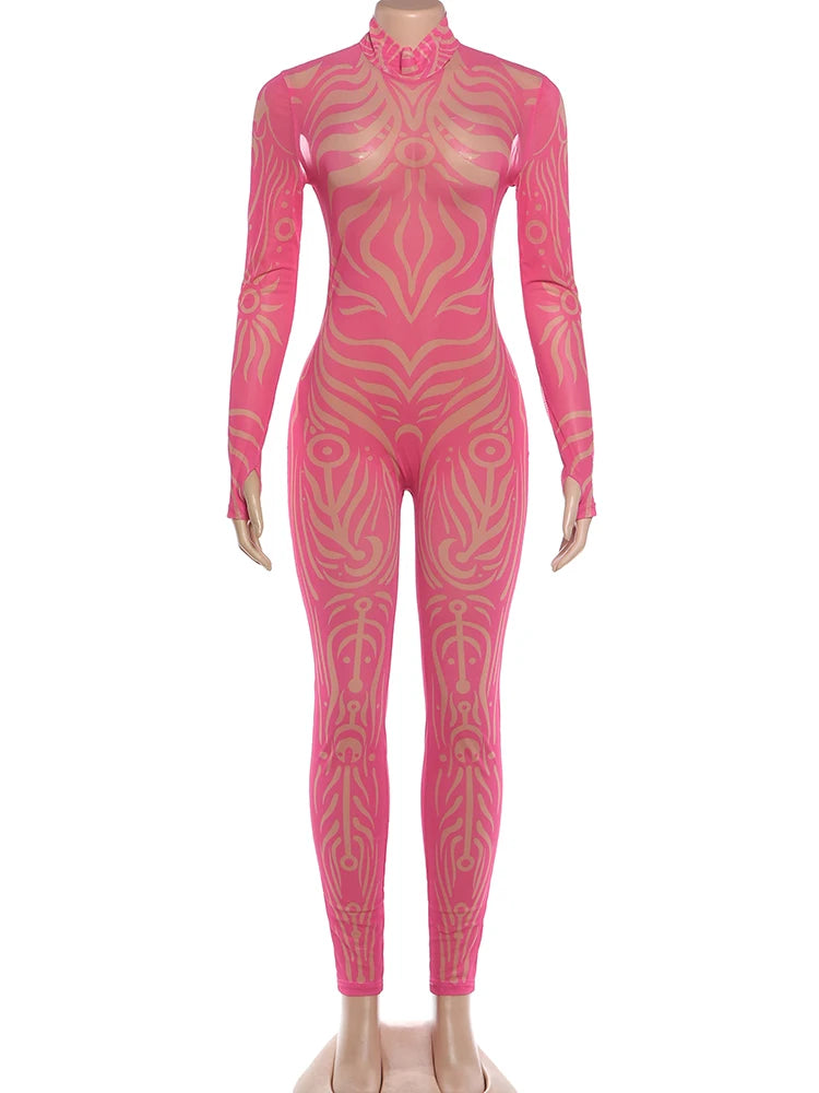 Striped Stretch Turtleneck Long Sleeve Jumpsuit for Women