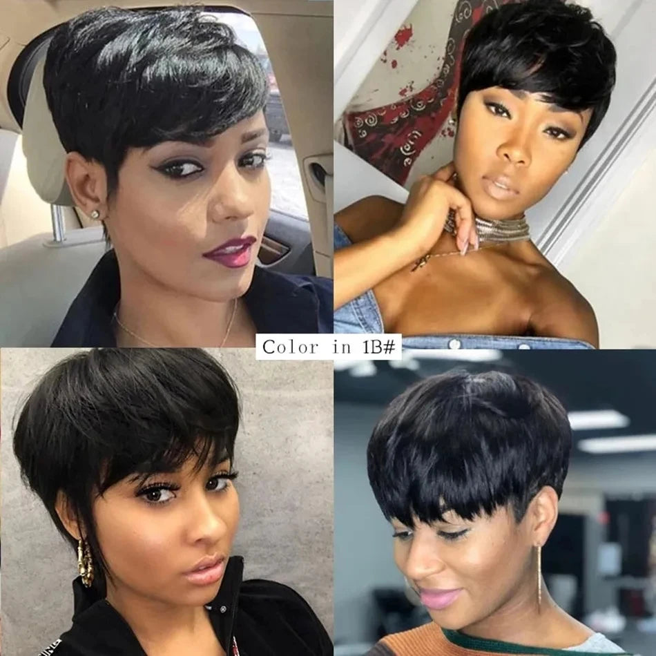 Natural Black Brazilian Human Hair Pixie Cut Wig With Bangs for Women