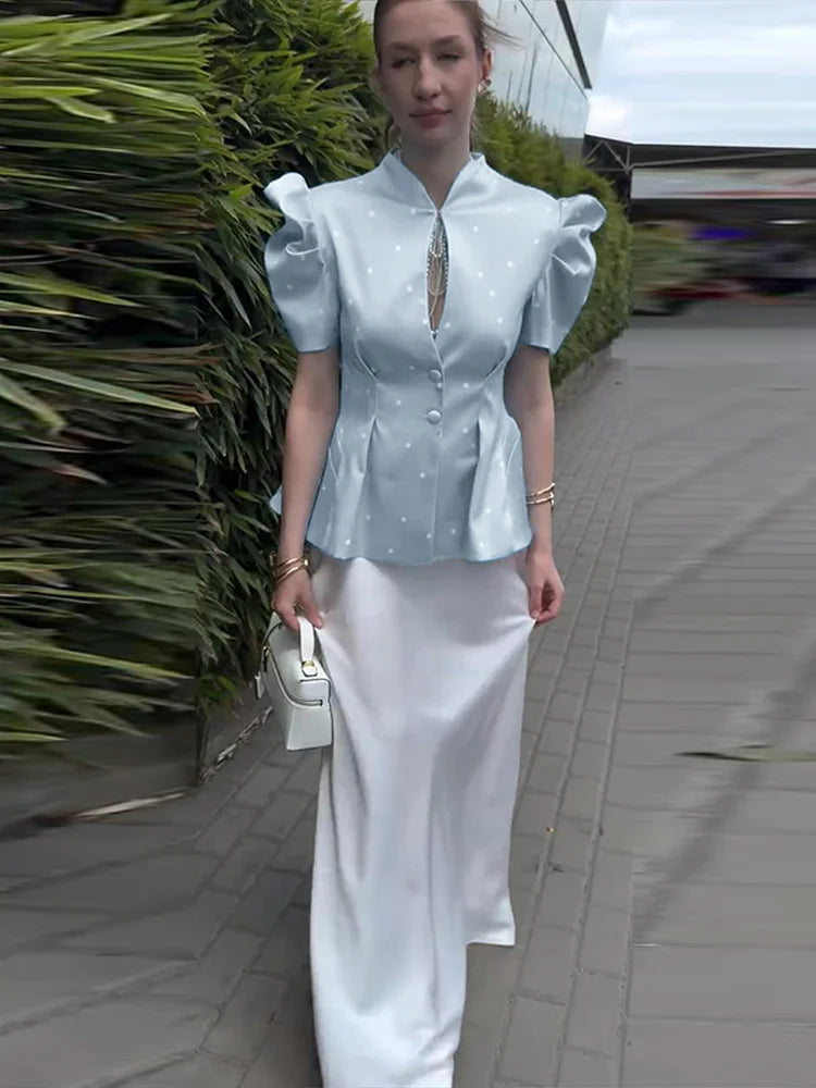 Elegant Printed Puff Sleeve Stand Collar Shirt for Women