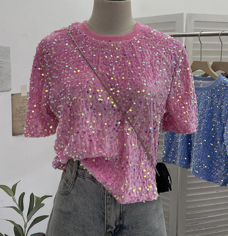 Spicy Girl Pink Sequins Short Sleeve T-shirt Round Neck Slimming Crop Top Blingbling Sexy Nightclub Multi Color Casual Tees