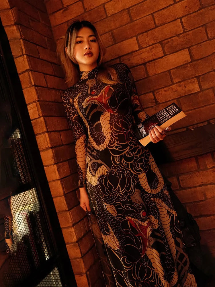 Snake Print Sheer Turtleneck Long Sleeve Top for Women