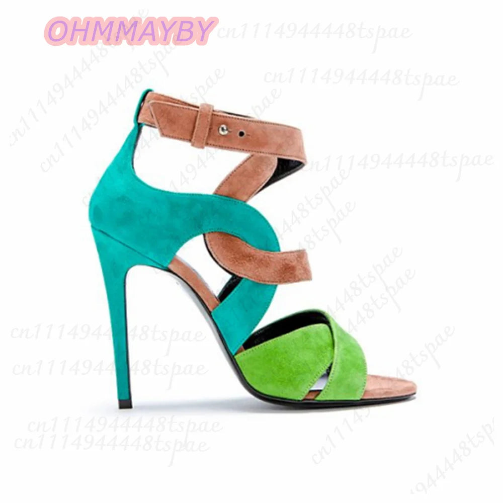 Color Block Faux Suede Ankle Strap Stiletto Sandals for Women