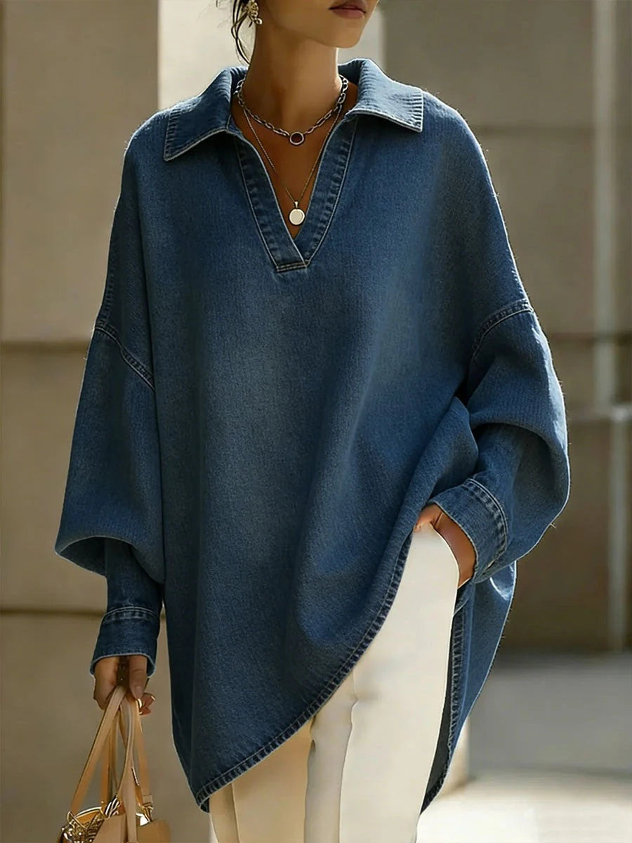 Bonboho Women's Light Blue Washed V-Neck Oversized Denim Shirt 2026 Summer Elegant Casual Blouse for Office & Vacation